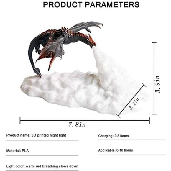 Fire Dragon Lamp Light, 3D Printed Night Light LED Moon Light Gift - Picture 2 of 7